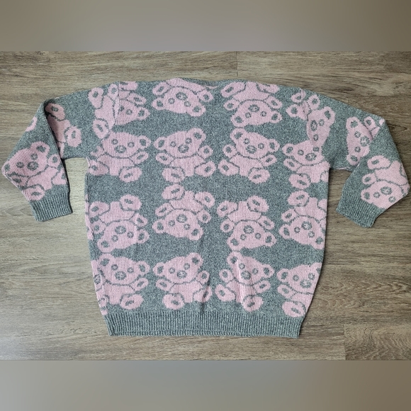 Vintage Arielle Teddy Bear Koala Acrylic Sweater Gray & Pink 80s 90s Kawaii M/L - Picture 2 of 14